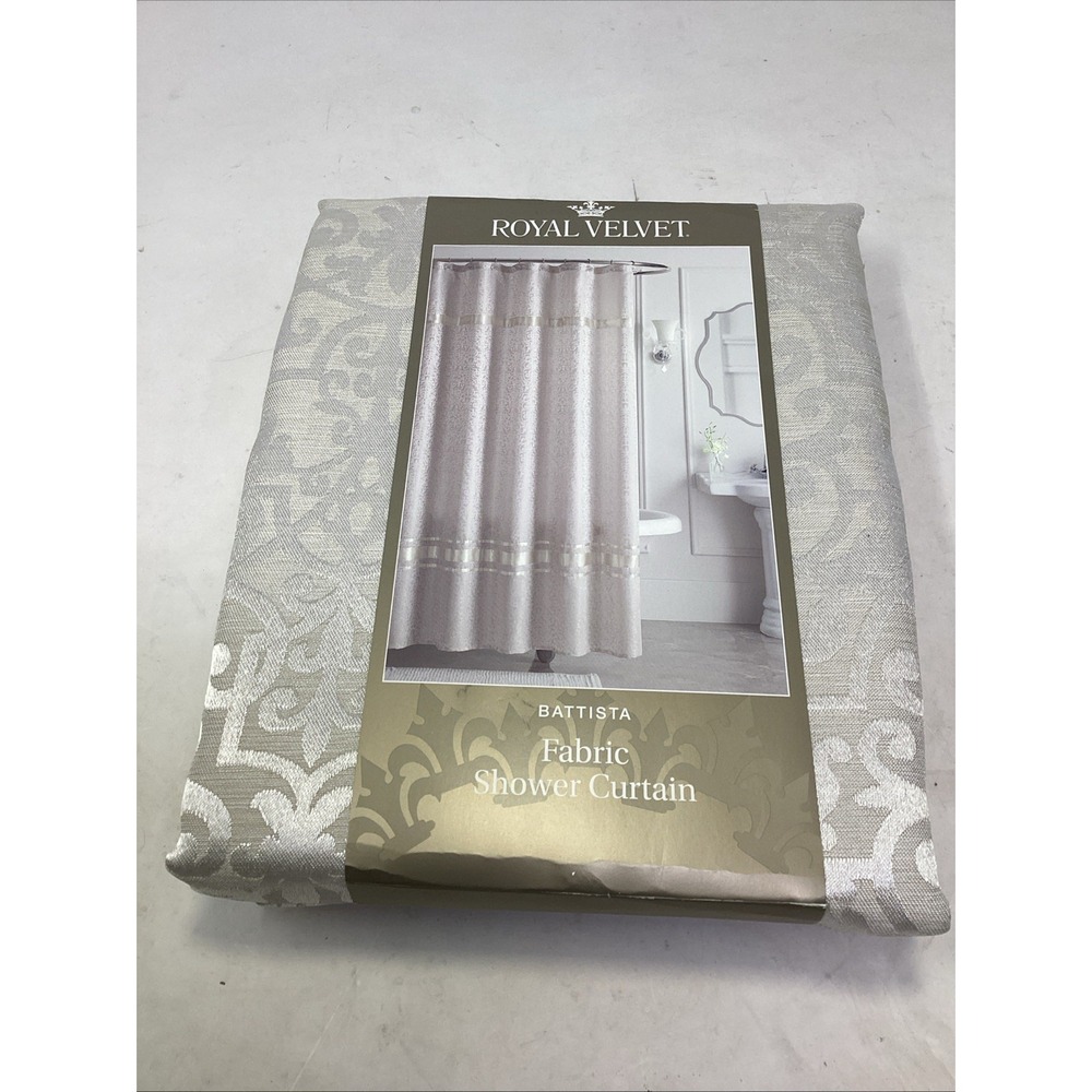 Royal Velvet Battista Cool White/Silver Gray Fabric Scroll Shower Curtain 72x72